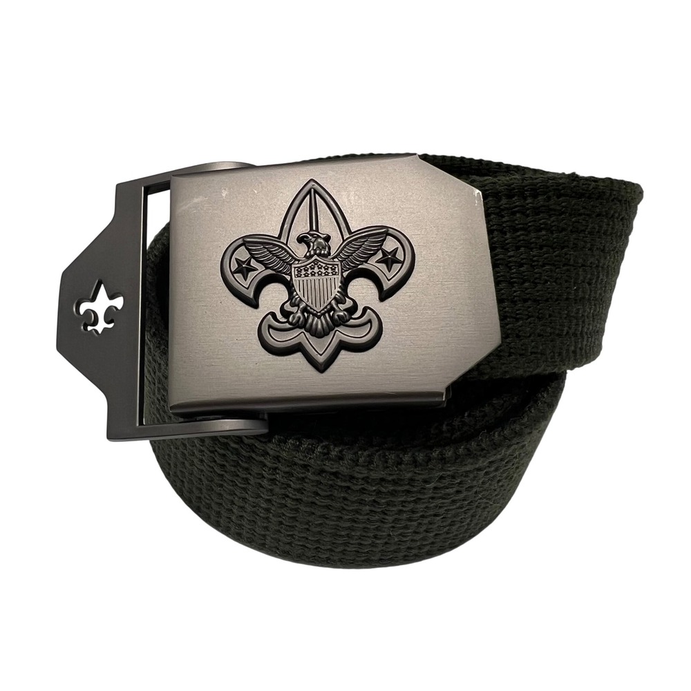 Boy Scouts of America BSA Belt Buckle Green Web Belt Metal Fluer-de-Lis 58"